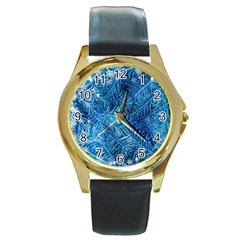 Blue Christmas Tree Branch Texture, Winter Texture, Tree Texture, Tree Branches Round Gold Metal Watch by kyorashop23