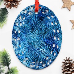 Blue Christmas Tree Branch Texture, Winter Texture, Tree Texture, Tree Branches Ornament (oval Filigree)