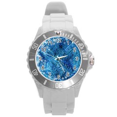 Blue Christmas Tree Branch Texture, Winter Texture, Tree Texture, Tree Branches Round Plastic Sport Watch (l) by kyorashop23