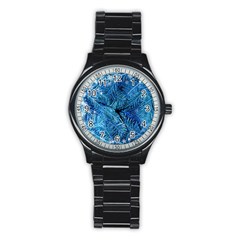 Blue Christmas Tree Branch Texture, Winter Texture, Tree Texture, Tree Branches Stainless Steel Round Watch by kyorashop23