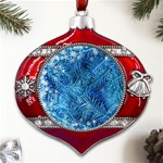 Blue Christmas Tree Branch Texture, Winter Texture, Tree Texture, Tree Branches Metal Snowflake And Bell Red Ornament Front