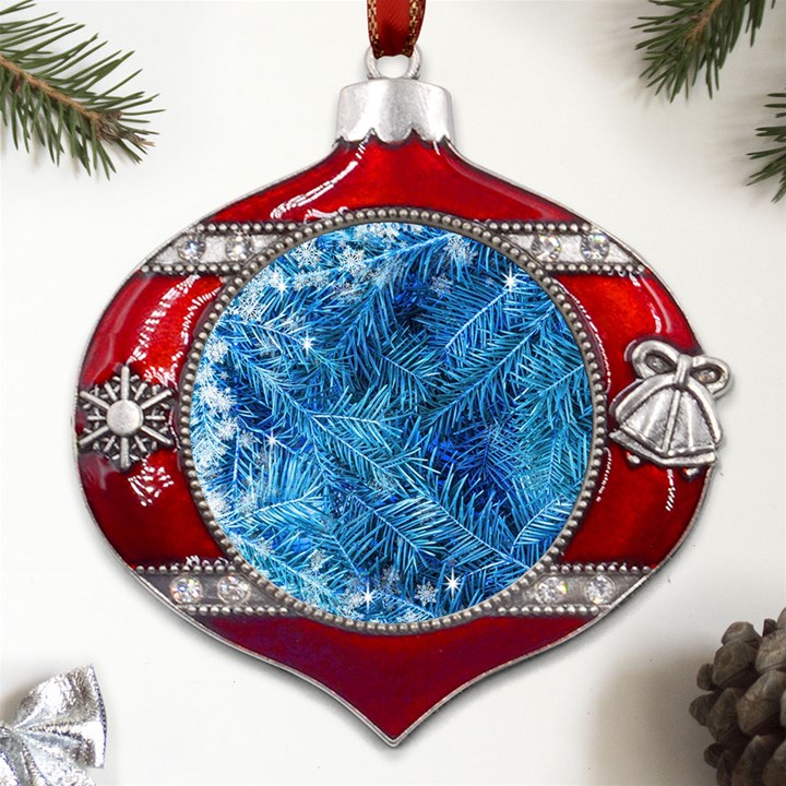 Blue Christmas Tree Branch Texture, Winter Texture, Tree Texture, Tree Branches Metal Snowflake And Bell Red Ornament