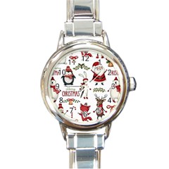 Christmas Characters Pattern, Xmas Backgrounds Round Italian Charm Watch