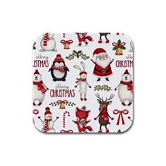 Christmas Characters Pattern, Xmas Backgrounds Rubber Square Coaster (4 pack)