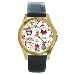 Christmas Characters Pattern, Xmas Backgrounds Round Gold Metal Watch