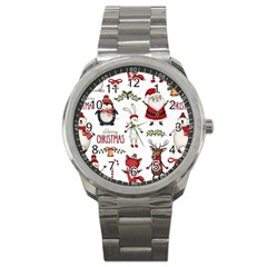 Christmas Characters Pattern, Xmas Backgrounds Sport Metal Watch