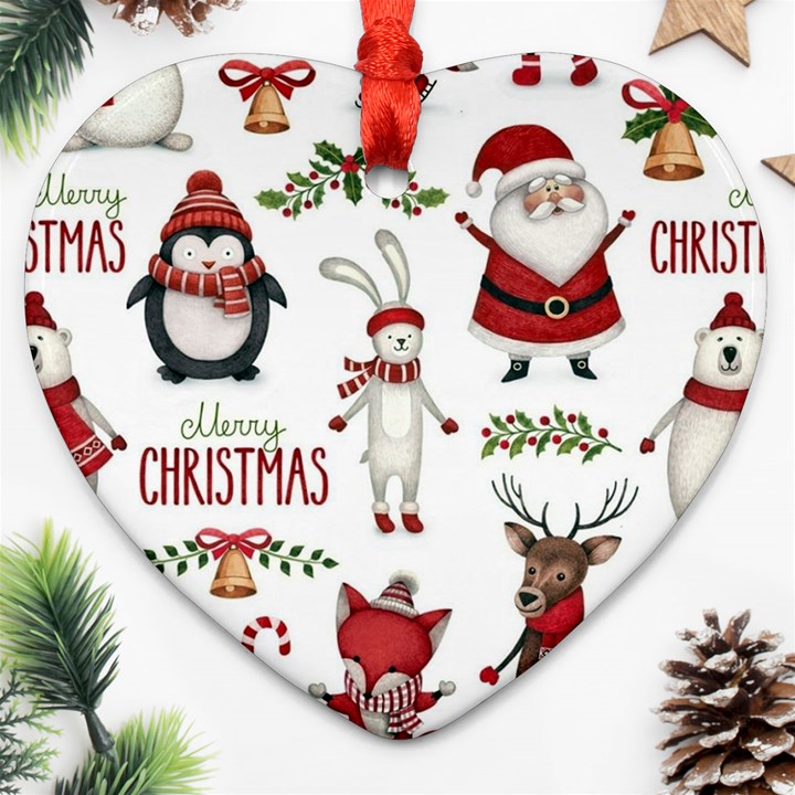 Christmas Characters Pattern, Xmas Backgrounds Heart Ornament (Two Sides)