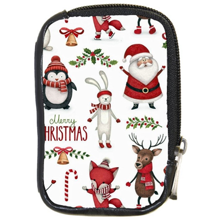 Christmas Characters Pattern, Xmas Backgrounds Compact Camera Leather Case