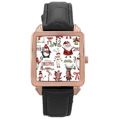 Christmas Characters Pattern, Xmas Backgrounds Rose Gold Leather Watch 