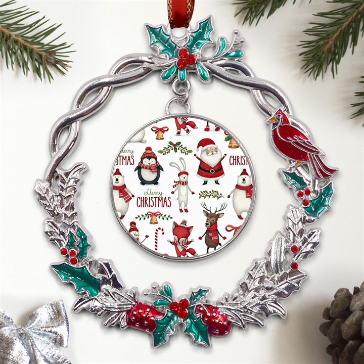 Christmas Characters Pattern, Xmas Backgrounds Metal X mas Wreath Holly leaf Ornament