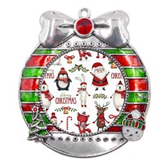 Christmas Characters Pattern, Xmas Backgrounds Metal X Mas Ribbon With Red Crystal Round Ornament