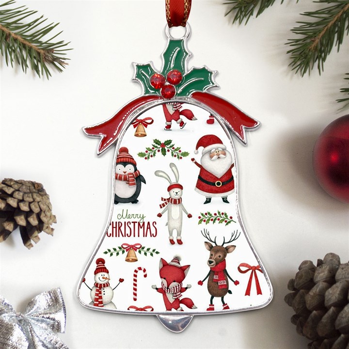 Christmas Characters Pattern, Xmas Backgrounds Metal Holly Leaf Bell Ornament