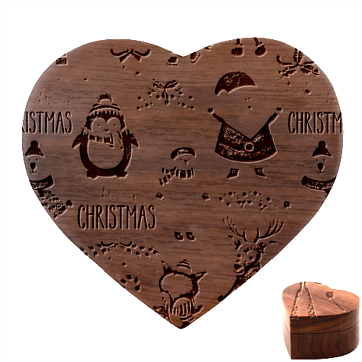 Christmas Characters Pattern, Xmas Backgrounds Heart Wood Jewelry Box