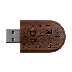 Christmas Characters Pattern, Xmas Backgrounds Wood Oval USB Flash Drive