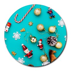 Christmas Decorations Blue Xmas Background Round Mousepad by kyorashop23