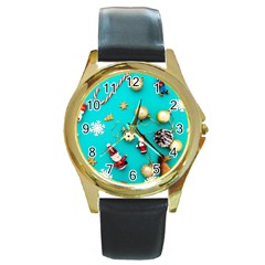 Christmas Decorations Blue Xmas Background Round Gold Metal Watch by kyorashop23