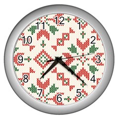 Christmas Texture, New Year, Red-green Christmas Ornament Texture Wall Clock (silver) by kyorashop23