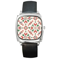 Christmas Texture, New Year, Red-green Christmas Ornament Texture Square Metal Watch by kyorashop23