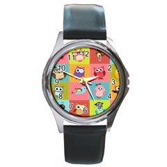 Owls Pattern, Abstract, Art, Desenho Round Metal Watch by kyorashop23