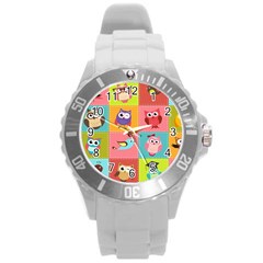 Owls Pattern, Abstract, Art, Desenho Round Plastic Sport Watch (l) by kyorashop23