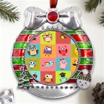 Owls Pattern, Abstract, Art, Desenho Metal X Mas Ribbon With Red Crystal Round Ornament Front