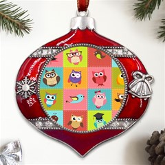 Owls Pattern, Abstract, Art, Desenho Metal Snowflake And Bell Red Ornament