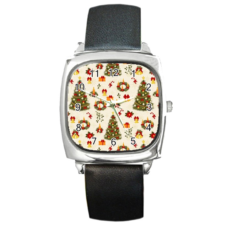 Christmas Pattern, Pattern, Christmas, Trees Square Metal Watch