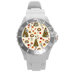 Christmas Pattern, Pattern, Christmas, Trees Round Plastic Sport Watch (L)