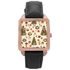 Christmas Pattern, Pattern, Christmas, Trees Rose Gold Leather Watch 