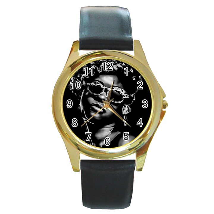 Afro Beauty Woman Portrait (AI+Human) Round Gold Metal Watch