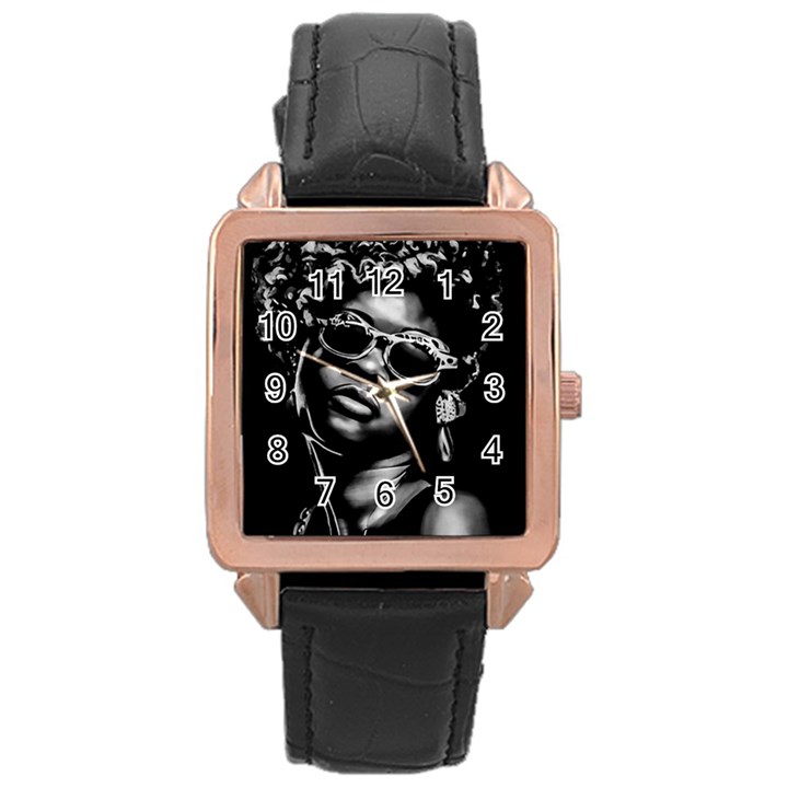 Afro Beauty Woman Portrait (AI+Human) Rose Gold Leather Watch 