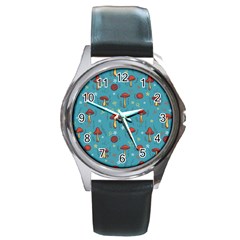 Whimsical Mushroom Pattern Round Metal Watch by Drawde