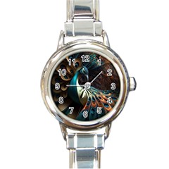 Colorful Peacock Bird Feathers Round Italian Charm Watch by Apen