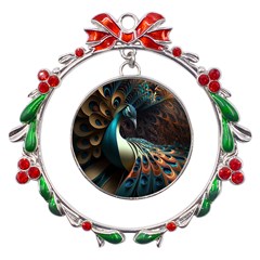 Colorful Peacock Bird Feathers Metal X mas Wreath Ribbon Ornament by Apen