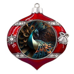 Colorful Peacock Bird Feathers Metal Snowflake And Bell Red Ornament by Apen