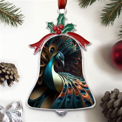 Colorful Peacock Bird Feathers Metal Holly Leaf Bell Ornament by Apen