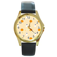 Pumpkin and boo crew halloween  Round Gold Metal Watch