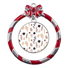 Autumn Seamless Leaves Pattern  Metal Red Ribbon Round Ornament by Safari