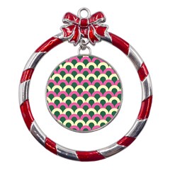 Green Yellow Pattern Metal Red Ribbon Round Ornament by ytdream