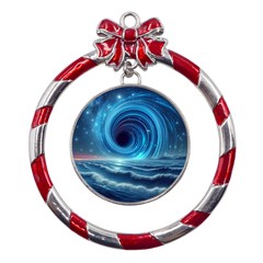 Astral Waveform Fantasy Metal Red Ribbon Round Ornament by Grandong