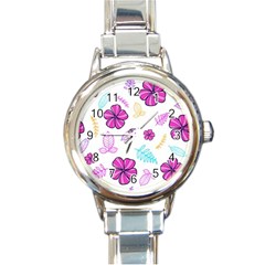 Flowers Leaves Pattern Art Bloom Round Italian Charm Watch by Grandong