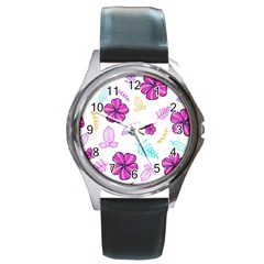 Flowers Leaves Pattern Art Bloom Round Metal Watch by Grandong