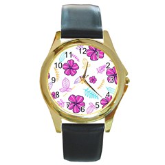 Flowers Leaves Pattern Art Bloom Round Gold Metal Watch by Grandong