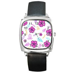 Flowers Leaves Pattern Art Bloom Square Metal Watch by Grandong