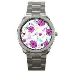 Flowers Leaves Pattern Art Bloom Sport Metal Watch by Grandong