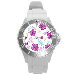 Flowers Leaves Pattern Art Bloom Round Plastic Sport Watch (l) by Grandong