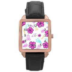 Flowers Leaves Pattern Art Bloom Rose Gold Leather Watch  by Grandong