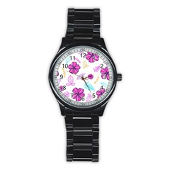 Flowers Leaves Pattern Art Bloom Stainless Steel Round Watch by Grandong