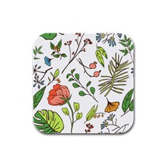 Line Floral Art Pattern Ornament Rubber Square Coaster (4 Pack) by Grandong