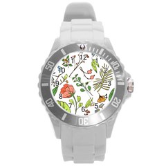 Line Floral Art Pattern Ornament Round Plastic Sport Watch (l) by Grandong